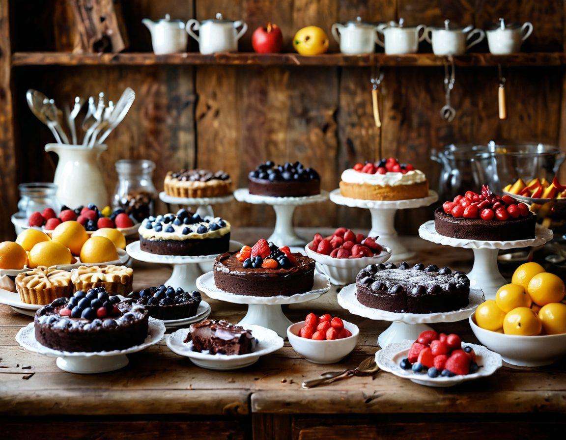 A beautifully arranged dessert table showcasing an array of decadent homemade desserts, including chocolate cakes, fruit tarts, and creamy puddings, with a soft-focus background of a rustic kitchen. Include baking tools like whisks and mixing bowls, along with a sprinkle of flour and sugar on the counter to evoke a cozy baking atmosphere. Warm lighting to enhance the inviting feel. super-realistic. vibrant colors. soft, inviting background.