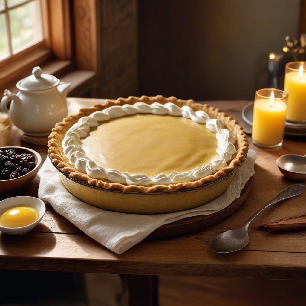 A beautifully arranged kitchen scene showcasing a golden-brown sweet cream pie cooling on a rustic wooden table, with fresh ingredients like cream, vanilla beans, and eggs artfully placed around it. Soft, warm lighting enhances the inviting atmosphere, while a step-by-step recipe guide subtly peeks in the background. The entire setup exudes a cozy, homemade vibe, perfect for dessert lovers. vibrant colors. warm lighting. realistic.