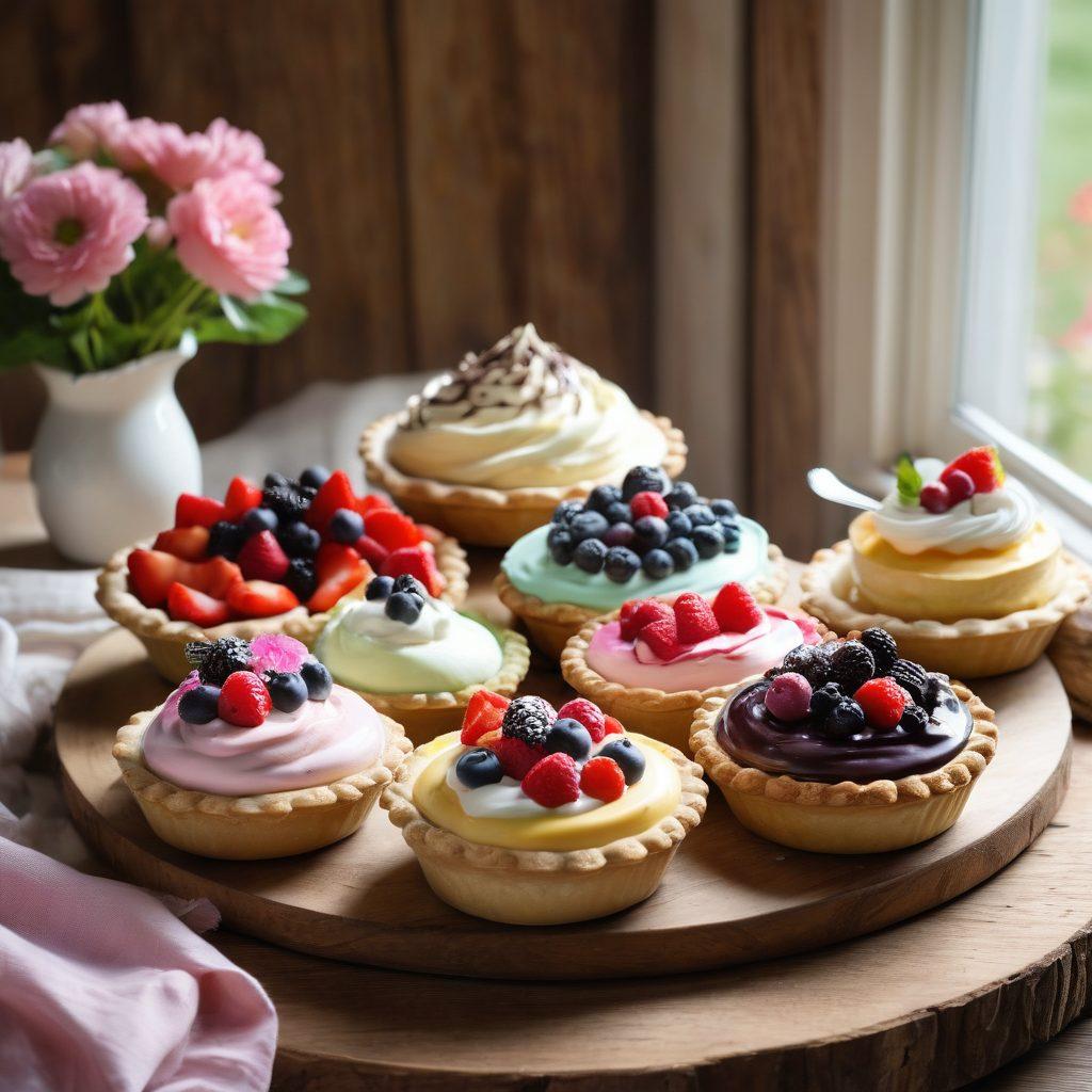 A delectable spread of colorful sweet cream pies displayed on a rustic wooden table, showcasing various flavors and toppings like fresh fruits, whipped cream, and chocolate drizzle. Warm, inviting light bathes the scene, emphasizing the creamy textures and glossy finishes of the pies. Include a sprinkle of edible flowers and a vintage pie server for a touch of elegance. The background should have a cozy kitchen atmosphere with soft pastel colors. super-realistic. vibrant colors. warm lighting.